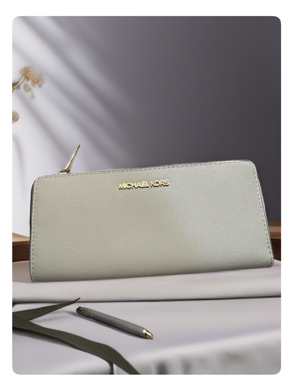Michael Kors Sage Saffiano Zip-Around Wallet with Gold Logo